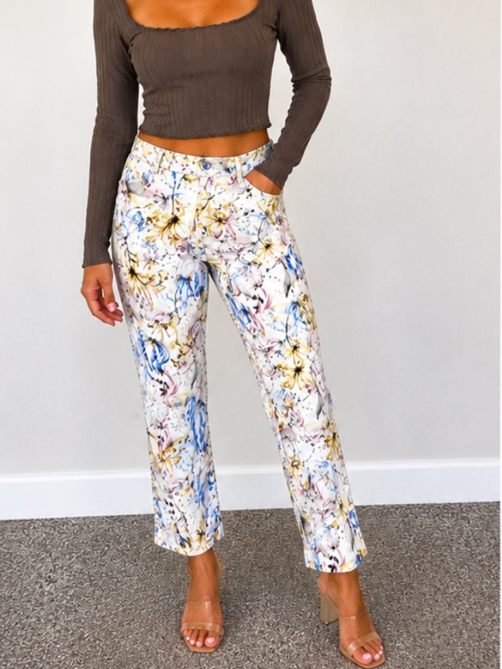 Jules & Leopold Women’s Floral Cropped Pants White Blue Yellow Stretch Pull-On